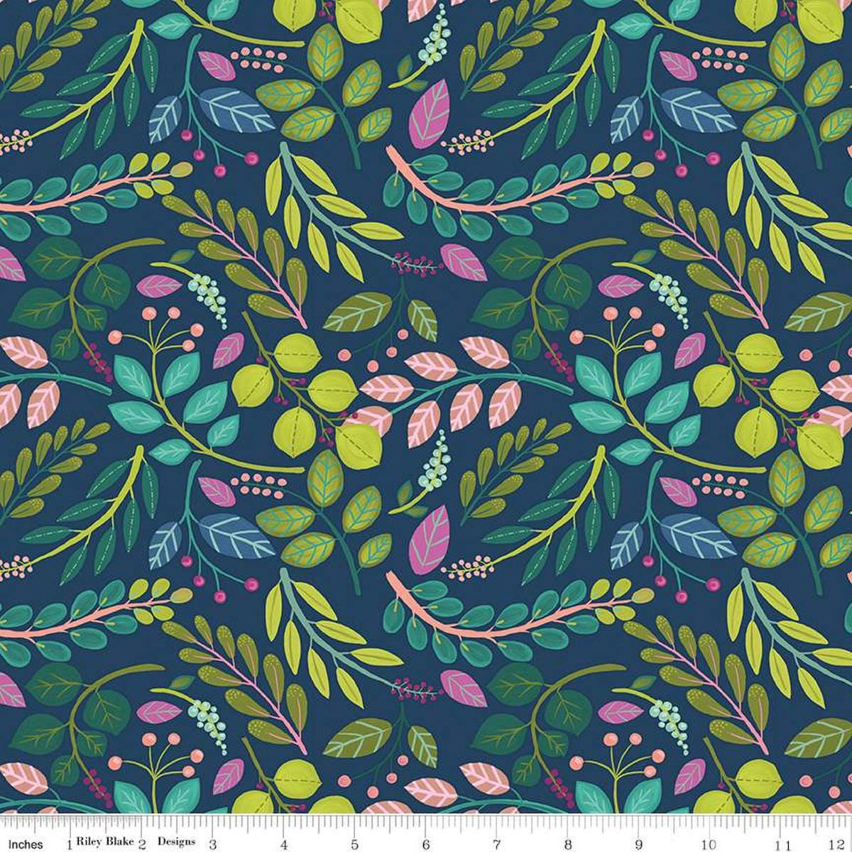 Image of the Fragrant Fields Sprigs Dark Forest quilting cotton fabric by Lila Tueller for Riley Blake Designs. Features leaves and stems on a dark blue background. 
Cute Little Fabric Shop
