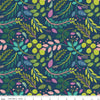 Image of the Fragrant Fields Sprigs Dark Forest quilting cotton fabric by Lila Tueller for Riley Blake Designs. Features leaves and stems on a dark blue background. 
Cute Little Fabric Shop