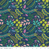 Image of the Fragrant Fields Sprigs Dark Forest quilting cotton fabric by Lila Tueller for Riley Blake Designs. Features leaves and stems on a dark blue background. 
Cute Little Fabric Shop