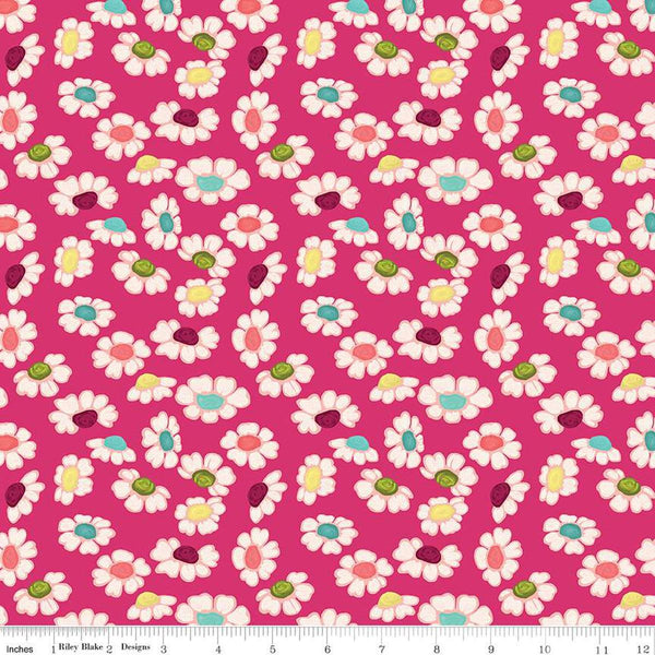 Image of the Fragrant Fields Dancing Daisies Hot Pink quilting cotton fabric by Lila Tueller for Riley Blake Designs. Features daisies on a dark pink background. 
Cute Little Fabric Shop