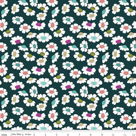 Image of the Fragrant Fields Dancing Daisies Dark Forest quilting cotton fabric by Lila Tueller for Riley Blake Designs. Features daisies on a dark green blue background. 
Cute Little Fabric Shop