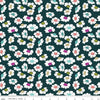 Image of the Fragrant Fields Dancing Daisies Dark Forest quilting cotton fabric by Lila Tueller for Riley Blake Designs. Features daisies on a dark green blue background. 
Cute Little Fabric Shop