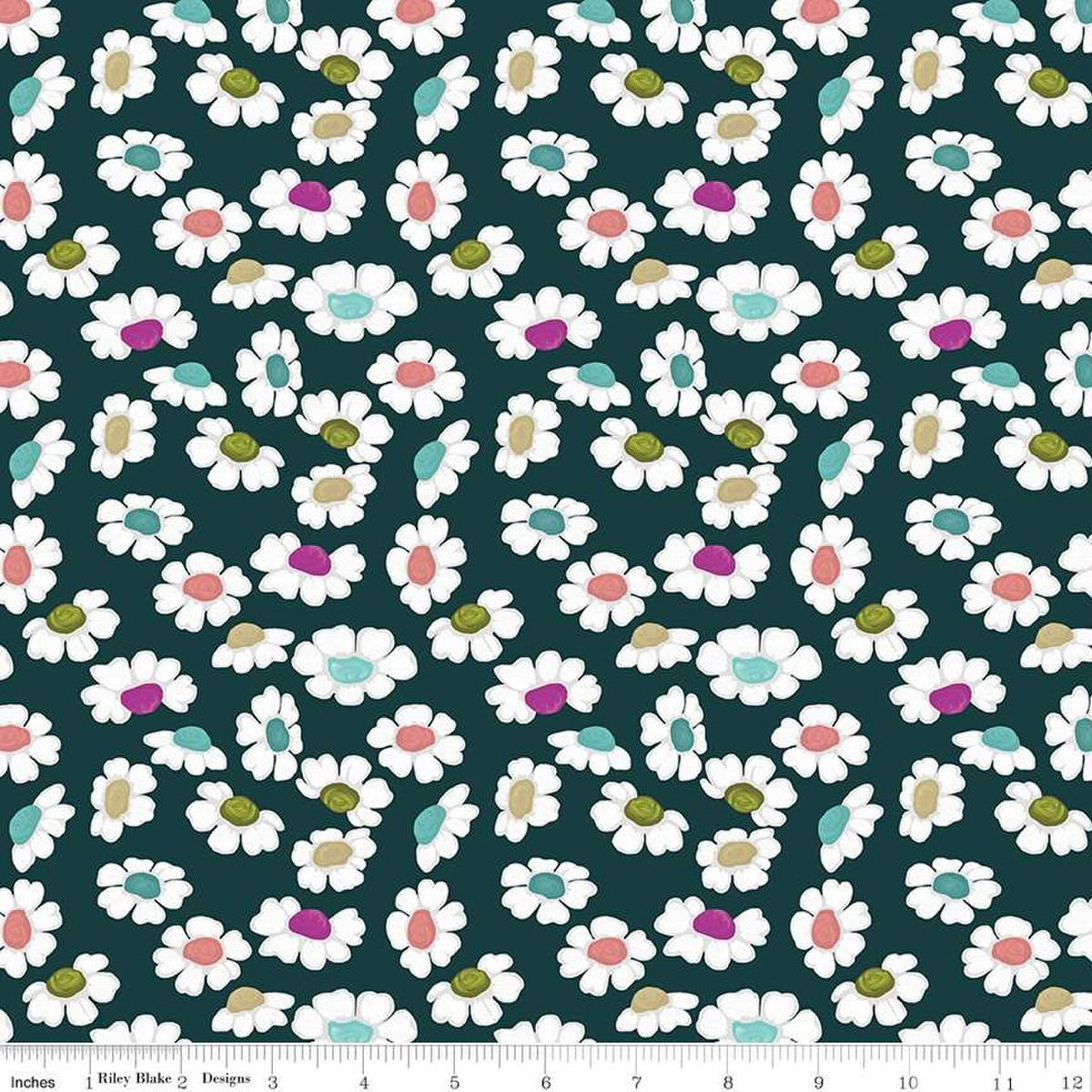 Image of the Fragrant Fields Dancing Daisies Dark Forest quilting cotton fabric by Lila Tueller for Riley Blake Designs. Features daisies on a dark green blue background. 
Cute Little Fabric Shop