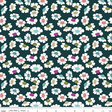 Image of the Fragrant Fields Dancing Daisies Dark Forest quilting cotton fabric by Lila Tueller for Riley Blake Designs. Features daisies on a dark green blue background. 
Cute Little Fabric Shop