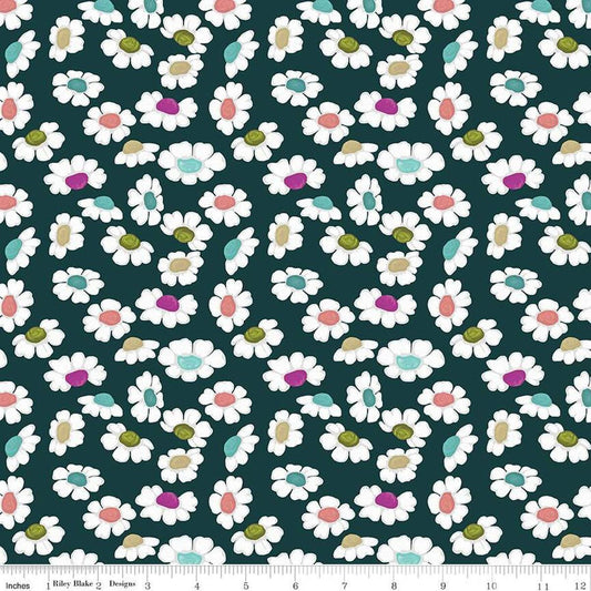 Image of the Fragrant Fields Dancing Daisies Dark Forest quilting cotton fabric by Lila Tueller for Riley Blake Designs. Features daisies on a dark green blue background. 
Cute Little Fabric Shop
