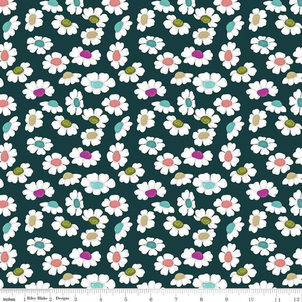 Image of the Fragrant Fields Dancing Daisies Dark Forest quilting cotton fabric by Lila Tueller for Riley Blake Designs. Features daisies on a dark green blue background. 
Cute Little Fabric Shop
