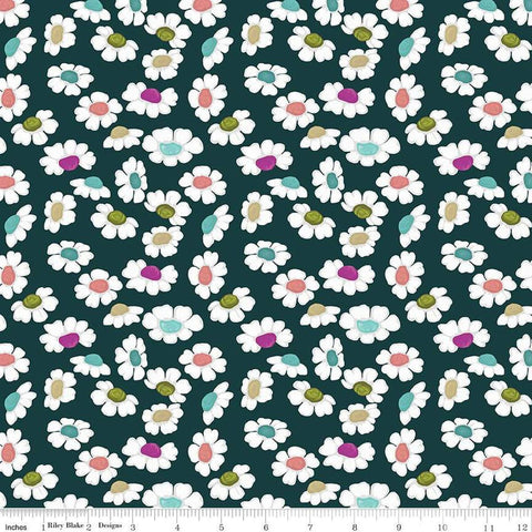 Image of the Fragrant Fields Dancing Daisies Dark Forest quilting cotton fabric by Lila Tueller for Riley Blake Designs. Features daisies on a dark green blue background. 
Cute Little Fabric Shop