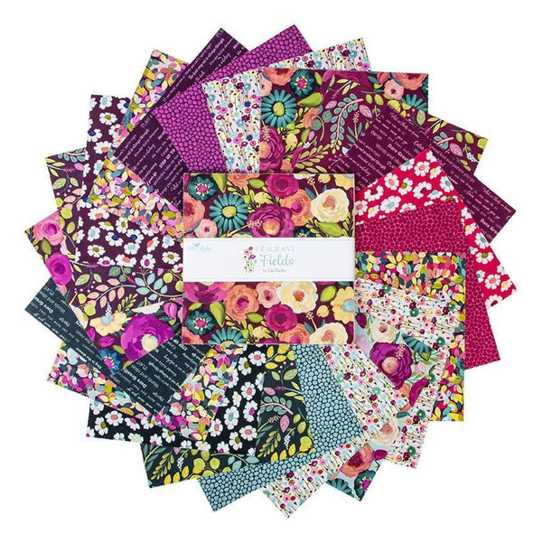 Image of the Fragrant Fields 10 inch stacker by Lila Tueller for Riley Blake Designs. Features florals on dark pink, purple, and teal backgrounds.
Cute Little Fabric Shop