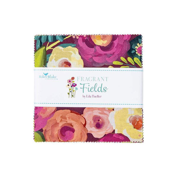 Image of the Fragrant Fields 5 inch stacker by Lila Tueller for Riley Blake Designs. Features florals on dark pink, purple, and teal backgrounds.
Cute Little Fabric Shop