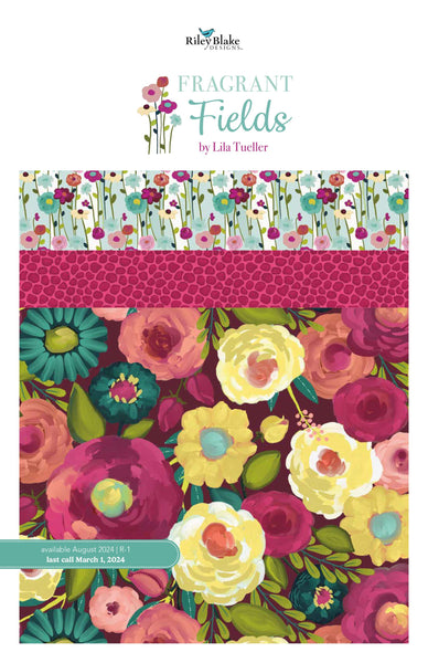 Image of the Fragrant Fields Storyboard. Features large floral patterns on a dark pink purple background. Fabric is by Lila Tueller for Riley Blake Designs. 
Cute Little Fabric Shop