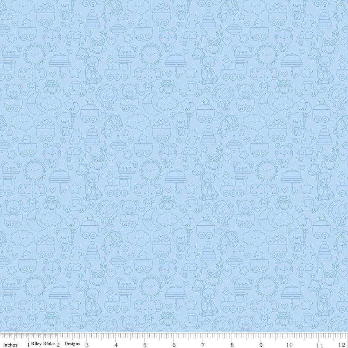 Image of the Special Delivery Tone-on-Tone Blue quilting cotton fabric by Doodlebug Design Inc for Riley Blake Designs. Features baby-themed icons such as toys, bears, moon, and elephants on a light blue background. 
Cute Little Fabric Shop