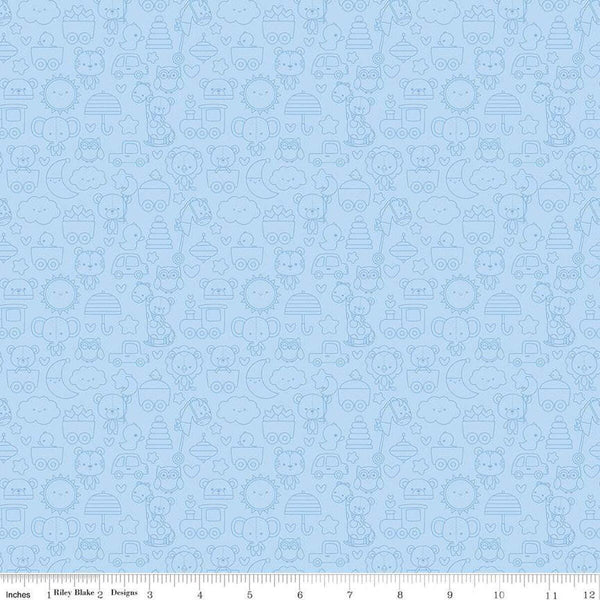 Image of the Special Delivery Tone-on-Tone Blue quilting cotton fabric by Doodlebug Design Inc for Riley Blake Designs. Features baby-themed icons such as toys, bears, moon, and elephants on a light blue background. 
Cute Little Fabric Shop