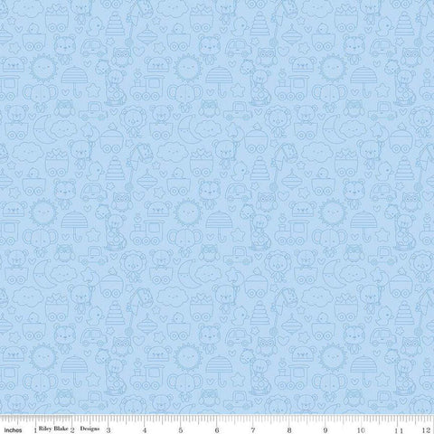 Image of the Special Delivery Tone-on-Tone Blue quilting cotton fabric by Doodlebug Design Inc for Riley Blake Designs. Features baby-themed icons such as toys, bears, moon, and elephants on a light blue background. 
Cute Little Fabric Shop