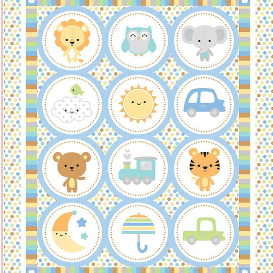 Image of the Special Delivery Panel quilting cotton fabric by Doodlebug Design Inc for Riley Blake Designs. Features a patchwork of circles filled with baby-themed icons with multiple outside borders.
Cute Little Fabric Shop