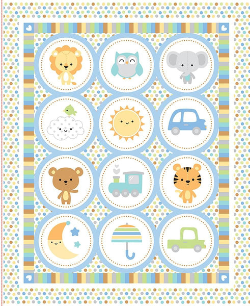 Image of the Special Delivery Panel quilting cotton fabric by Doodlebug Design Inc for Riley Blake Designs. Features a patchwork of circles filled with baby-themed icons with multiple outside borders.
Cute Little Fabric Shop