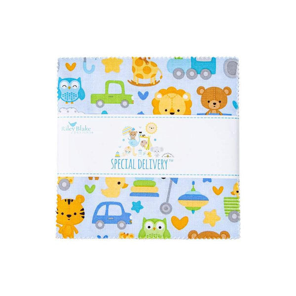 Image of the Special Delivery 5 inch stacker by Doodlebug Design Inc for Riley Blake Designs. Features baby boy fabrics with blue, yellow, and green. 
Cute Little Fabric Shop