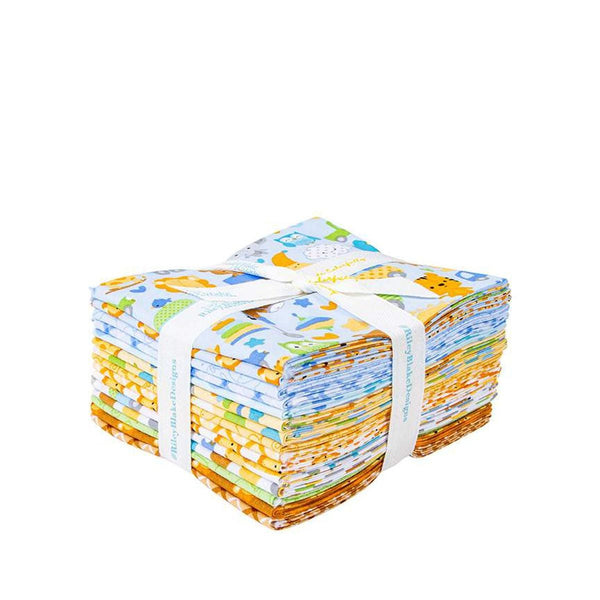 Image of the Special Delivery 15 piece fat quarter bundle by Doodlebug Design Inc for Riley Blake Designs. Features blue, yellow, and green baby boy fabrics. 
Cute Little Fabric Shop