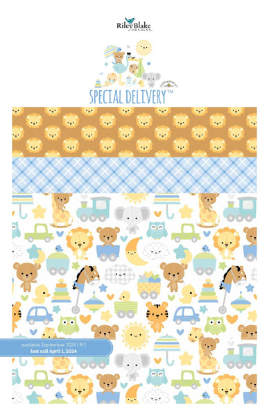 Image of the Special Delivery storyboard by Doodlebug Design Inc for Riley Blake Designs. Features blue, yellow, and green baby boy themed fabrics. 
Cute Little Fabric Shop