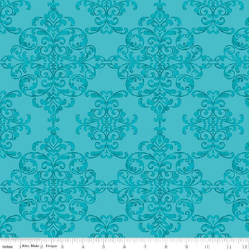 SALE Lucy June Damask C11222 Aqua - Riley Blake Designs - Blue Tone-on-Tone - Quilting Cotton Fabric