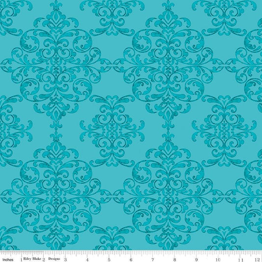 SALE Lucy June Damask C11222 Aqua - Riley Blake Designs - Blue Tone-on-Tone - Quilting Cotton Fabric