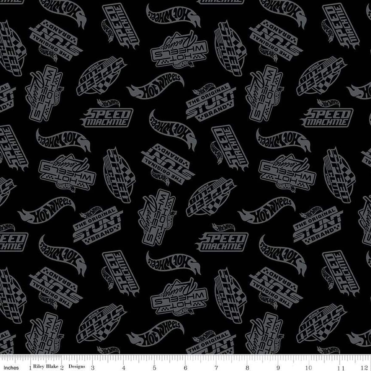 Image of the Hot Wheels Made to Race Tone-on-Tone Black quilting cotton fabric by Riley Blake Designs. Official licensed product. Features tone-on-tone Hot Wheels logos and icons on a midnight black background. 
Cute Little Fabric Shop