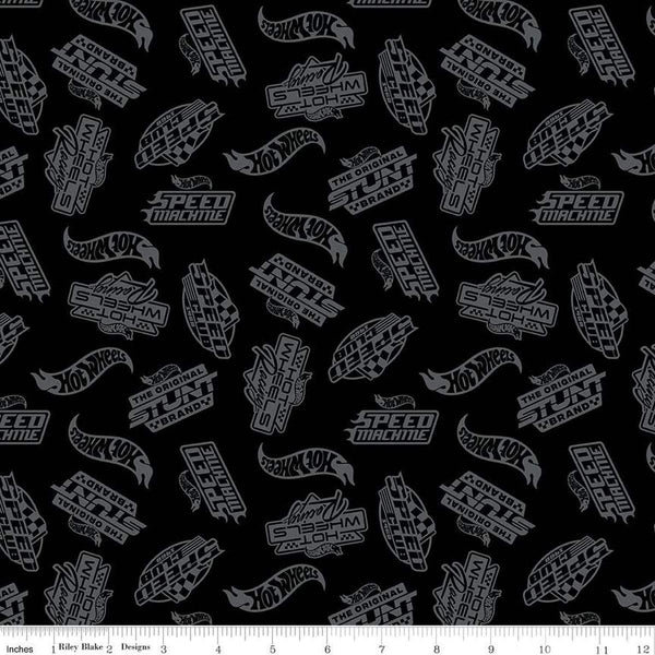 Image of the Hot Wheels Made to Race Tone-on-Tone Black quilting cotton fabric by Riley Blake Designs. Official licensed product. Features tone-on-tone Hot Wheels logos and icons on a midnight black background. 
Cute Little Fabric Shop