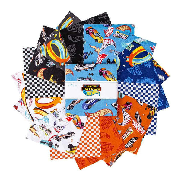 Image of the Hot Wheels Made to Race 5 inch Stacker by Riley Blake Designs. Official licensed product. Features cars, icons, and flames on blue, white, and orange backgrounds. 
Cute Little Fabric Shop