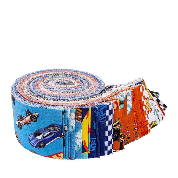 Image of the Hot Wheels Made to Race Rolie Polie by Riley Blake Designs. Official licensed product. Features cars, icons, and flames on blue, white, and orange backgrounds. 
Cute Little Fabric Shop