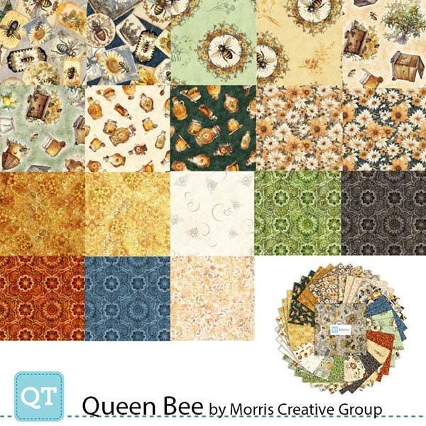 Image of the Queen Bee 10&quot; Stacker by QT Fabrics. Features bees and flowers. 
Cute Little Fabric Shop