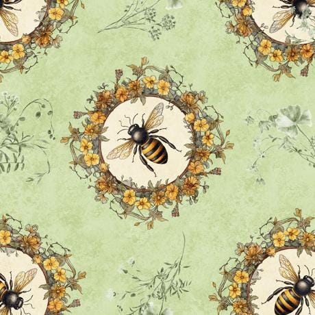 Image of the Queen Bee Bee Circle Vignette Light Sage quilting cotton fabric by QT Fabrics. Features bees with circles of flowers on a light green background. 
Cute Little Fabric Shop