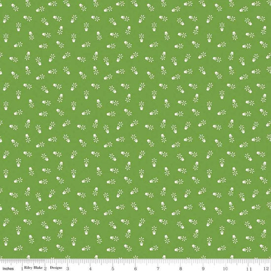 Image of the Farm Girl Vintage Companion Prints Flower Pots Holly quilting cotton fabric by Lori Holt for Riley Blake Designs. Features flowers in pots on a bright green background. 
Cute Little Fabric Shop