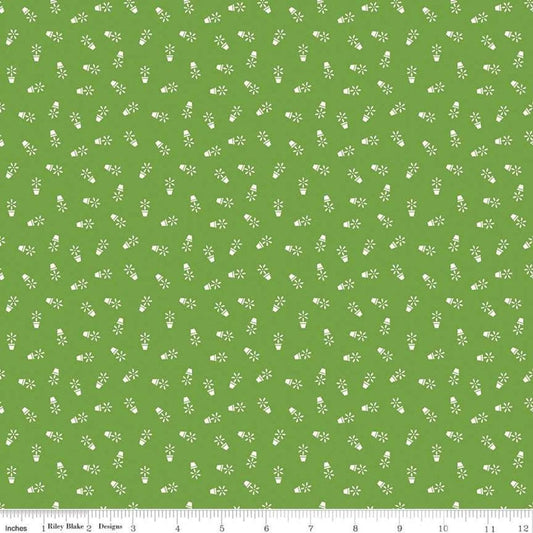 Image of the Farm Girl Vintage Companion Prints Flower Pots Holly quilting cotton fabric by Lori Holt for Riley Blake Designs. Features flowers in pots on a bright green background. 
Cute Little Fabric Shop