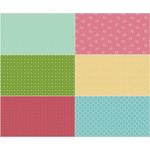 Image of the Granny Chic Scrappy Sixth Panel Two by Lori Holt for Riley Blake Designs. Features 6 fat sixths, green, pink, mint, yellow, red, and blue. 
Cute Little Fabric Shop