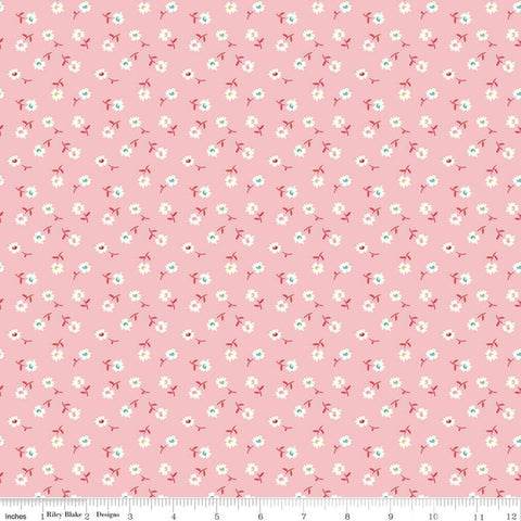 Image of the Vintage Happy 2 Daisy Frosting quilting cotton fabric by Lori Holt for Riley Blake Designs. Features tossed stems of daisies on a light pink background.  
Cute Little Fabric Shop