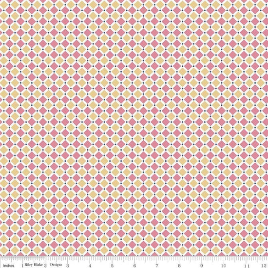 Image of Cozy Christmas Square Pink quilting cotton by Lori Holt from Riley Blake Designs. Features pink and yellow squares. 
Cute Little Fabric Shop
