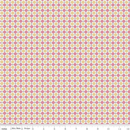 Image of Cozy Christmas Square Pink quilting cotton by Lori Holt from Riley Blake Designs. Features pink and yellow squares. 
Cute Little Fabric Shop