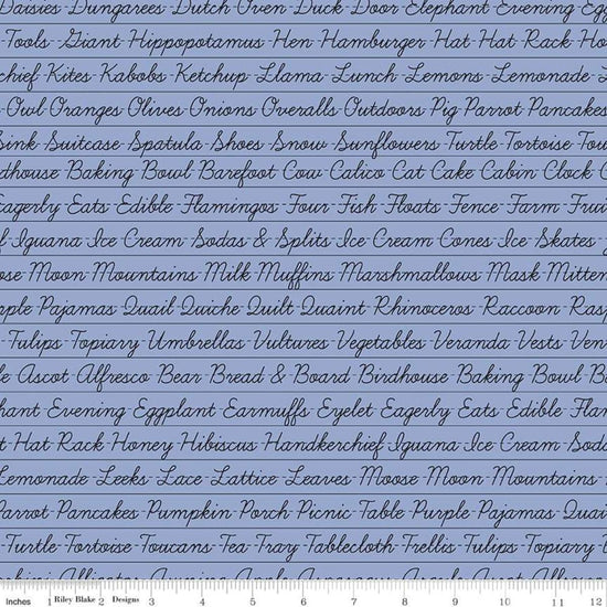 Image of the Hungry Animal Alphabet Penmanship Periwinkle quilting cotton fabric by J. Wecker Frisch for Riley Blake Designs. Features cursive words on a periwinkle blue background. 
Cute Little Fabric Shop