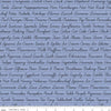 Image of the Hungry Animal Alphabet Penmanship Periwinkle quilting cotton fabric by J. Wecker Frisch for Riley Blake Designs. Features cursive words on a periwinkle blue background. 
Cute Little Fabric Shop