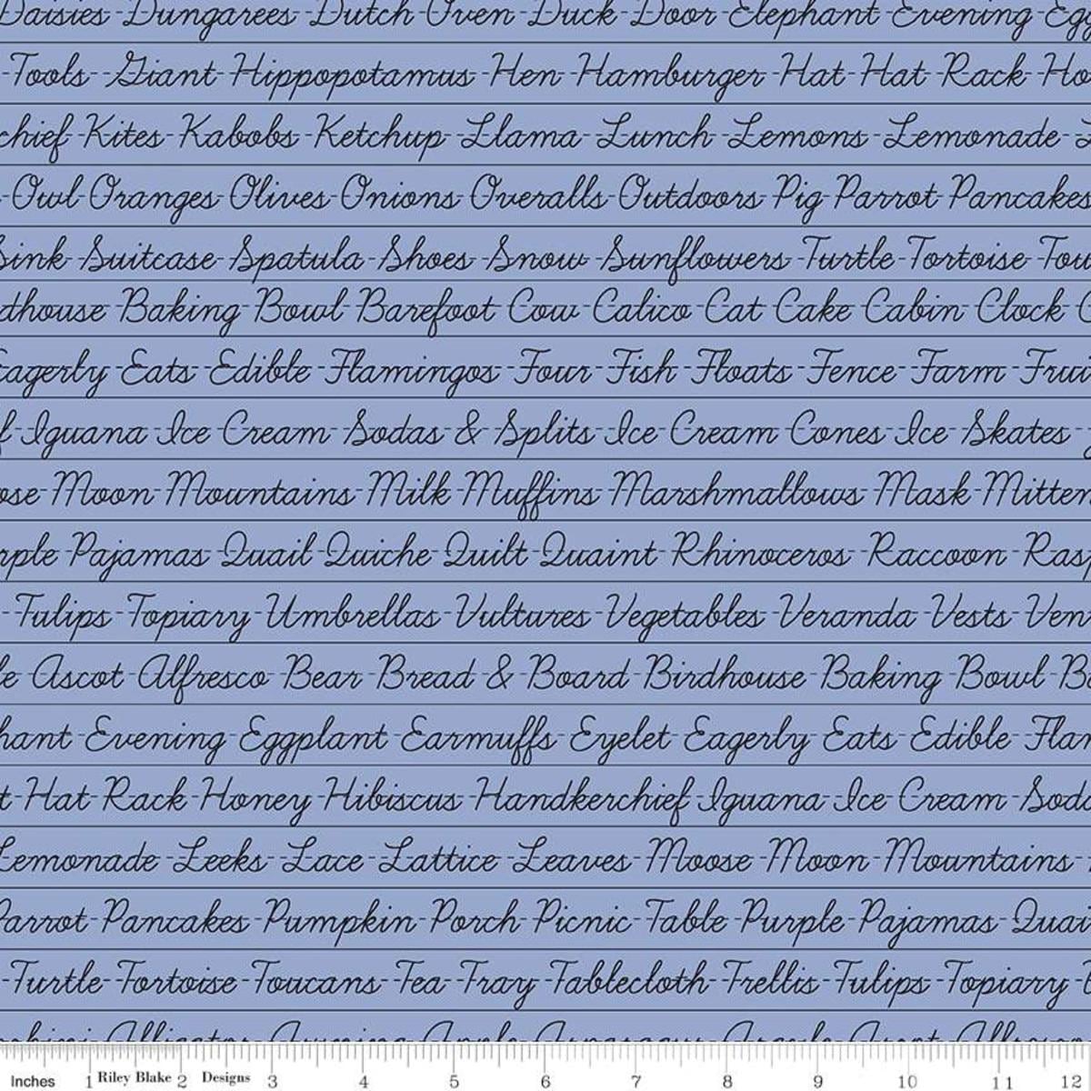 Image of the Hungry Animal Alphabet Penmanship Periwinkle quilting cotton fabric by J. Wecker Frisch for Riley Blake Designs. Features cursive words on a periwinkle blue background. 
Cute Little Fabric Shop