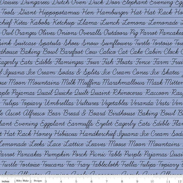 Image of the Hungry Animal Alphabet Penmanship Periwinkle quilting cotton fabric by J. Wecker Frisch for Riley Blake Designs. Features cursive words on a periwinkle blue background. 
Cute Little Fabric Shop