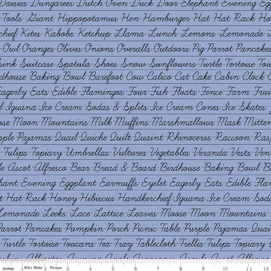 Image of the Hungry Animal Alphabet Penmanship Periwinkle quilting cotton fabric by J. Wecker Frisch for Riley Blake Designs. Features cursive words on a periwinkle blue background. 
Cute Little Fabric Shop