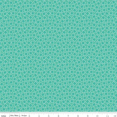 Image of the Vintage Happy 2 Planter Box Sea Glass quilting cotton fabric by Lori Holt for Riley Blake Designs. Features a four-petal flower enclosed in a square on a light teal blue background. 
Cute Little Fabric Shop