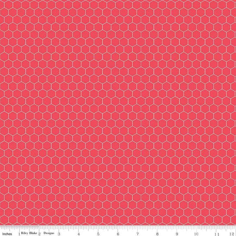 Image of the Farm Girl Vintage Companion Prints Honeycomb Cayenne quilting cotton fabric by Lori Holt for Riley Blake Designs. Features a honeycomb pattern on a bright pink coral background. 
Cute Little Fabric Shop