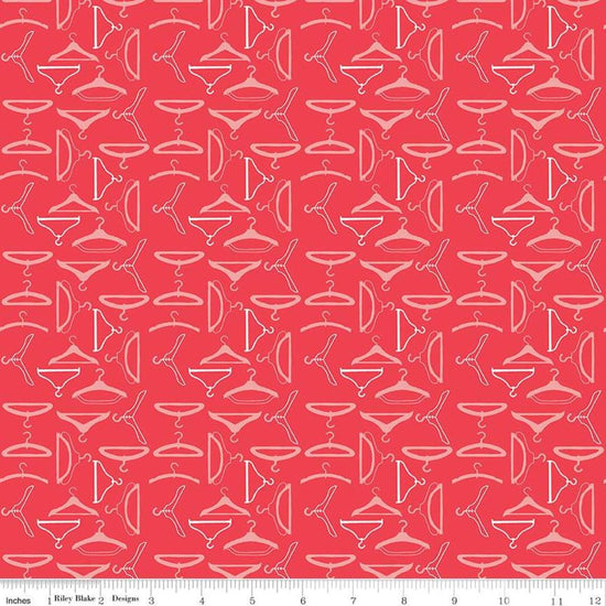 Image of the Vintage Happy 2 Hangers Cayenne quilting cotton fabric by Lori Holt for Riley Blake Designs. Features clothing hangers on a bright coral pink background.  
Cute Little Fabric Shop