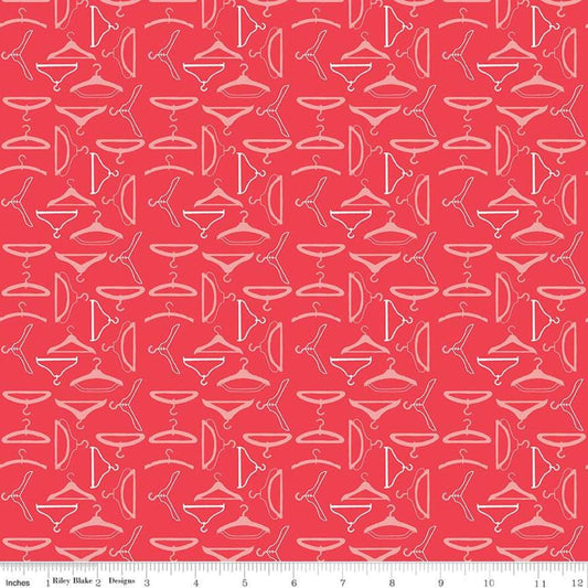 Image of the Vintage Happy 2 Hangers Cayenne quilting cotton fabric by Lori Holt for Riley Blake Designs. Features clothing hangers on a bright coral pink background.  
Cute Little Fabric Shop