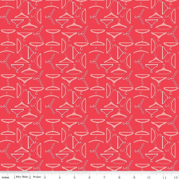 Image of the Vintage Happy 2 Hangers Cayenne quilting cotton fabric by Lori Holt for Riley Blake Designs. Features clothing hangers on a bright coral pink background.  
Cute Little Fabric Shop