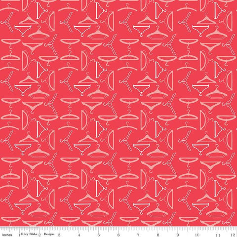 Image of the Vintage Happy 2 Hangers Cayenne quilting cotton fabric by Lori Holt for Riley Blake Designs. Features clothing hangers on a bright coral pink background.  
Cute Little Fabric Shop