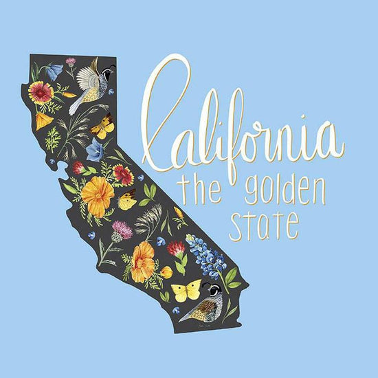 Image of the Golden Poppies California Panel Blue quilting cotton fabric by Shealeen Louise for Riley Blake Designs. Features the state of California on a light blue background.