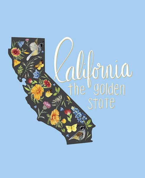 Image of the Golden Poppies California Panel Blue quilting cotton fabric by Shealeen Louise for Riley Blake Designs. Features the state of California on a light blue background.