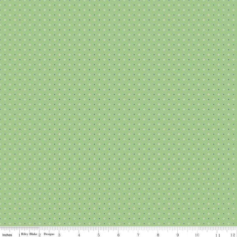 Image of the Farm Girl Vintage Calico Green quilting cotton fabric by Lori Holt for Riley Blake Designs. Features a symmetrical dot pattern on green. 
Cute Little Fabric Shop